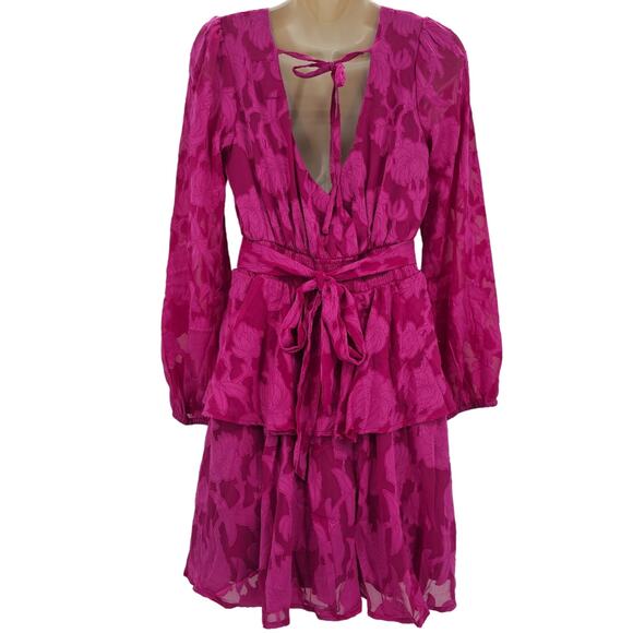 Band of the Free Womans size S Kiss Me Fuchsia Peplum Mini Dress Surplice NEW - Picture 4 of 8